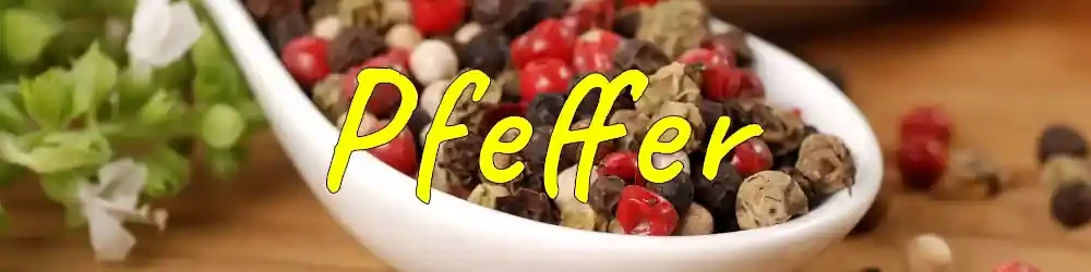 Weißer Keramiklöffel auf Holzplatte. Bunt gefüllt mit ganzen Pfefferkörnern verschiedener Pfeffersorten wie schwarzem Pfeffer, weißem Pfeffer, grünem Pfeffer, rotem Pfeffer und Rosa Pfefferbeeren. Enthält den Schriftzug „Pfeffer“.