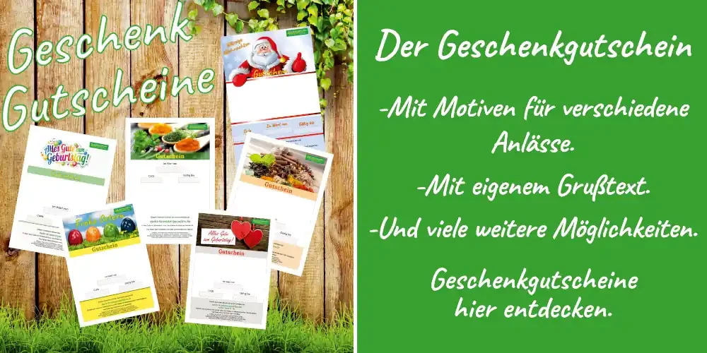 Verschiedene Gutscheinmotive auf Bretterwand geheftet und Beschreibungstext zu den Gutscheinen. Dieser Text findet sich auch in der Produktbeschreibung wieder.