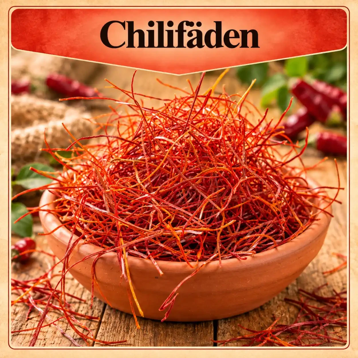 getrocknete Chilifäden in einer Tonschale