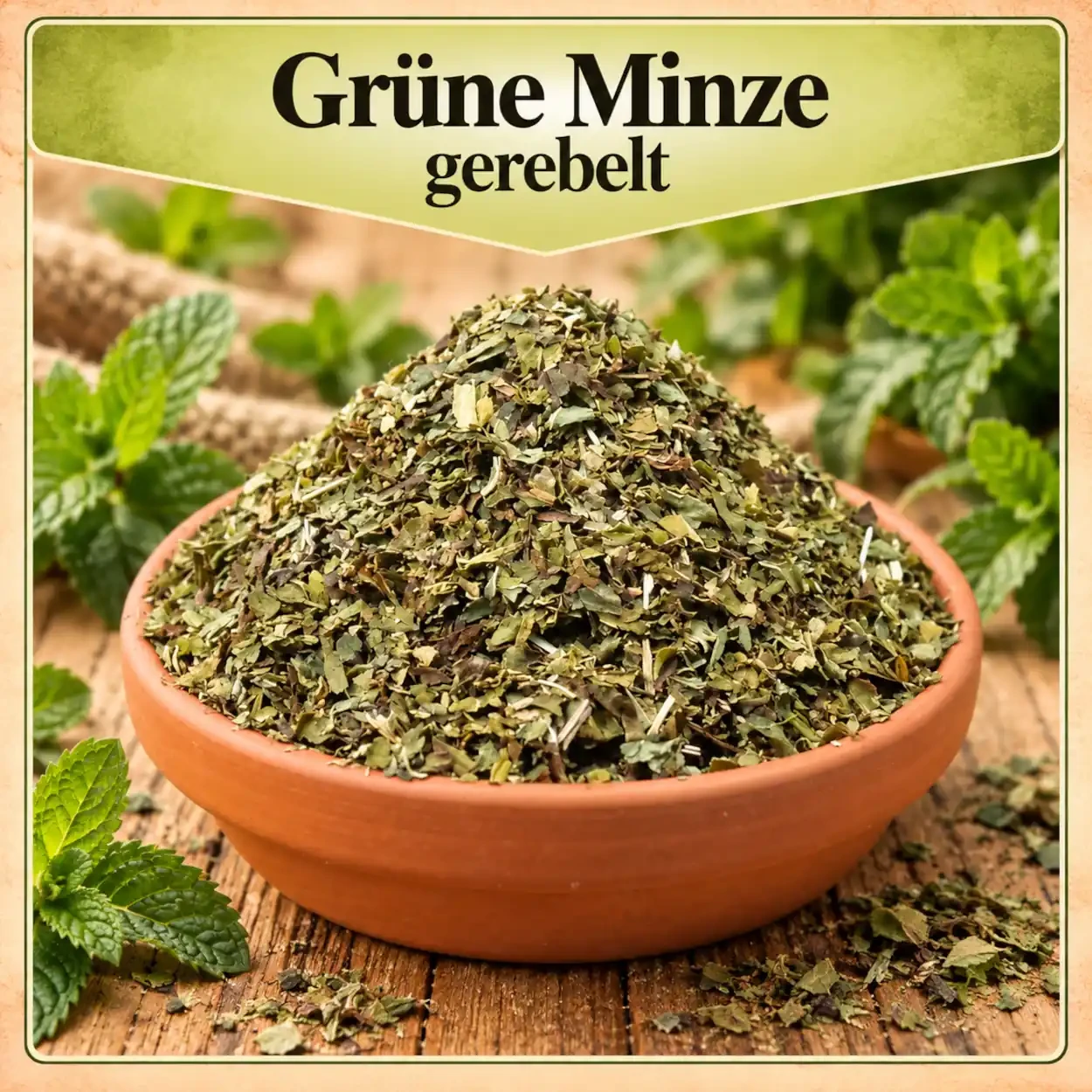 Getrocknete grüne Minze in einer Tonschale