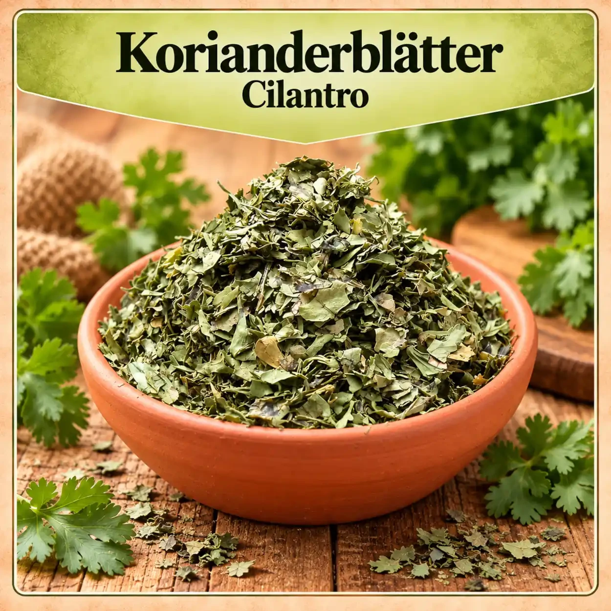 Getrocknete Korianderblätter in einer Tonschale