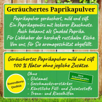 Ländlich idyllischer Bretterzaun mit zwei plakativen Textbereichen. Einmal werden die Eigenschaften und einmal die Qualität vom geräucherten Paprikapulver beschrieben. Der Text findet sich sinngemäß auch in der Produktbeschreibung wieder.