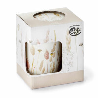 Kräuterteetasse Smilla in Geschenkverpackung mit seitlich offenem Fenster. Die Geschenkverpackung ist in den Farben und dem Design der Tasse gehalten.