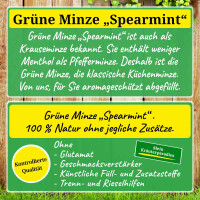 Ländlich idyllischer Bretterzaun mit zwei plakativen Textbereichen. Einmal werden die Eigenschaften und einmal die Qualität von Grüner Minze gerebelt beschrieben. Der Text findet sich sinngemäß auch in der Produktbeschreibung wieder.