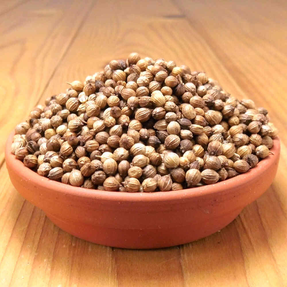 Koriandersamen ganz in einer Tonschale. box