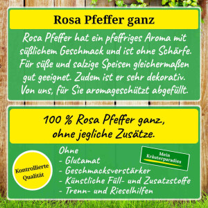 Ländlich idyllischer Bretterzaun mit zwei plakativen Textbereichen. Einmal werden die Eigenschaften und einmal die Qualität von Rosa Pfeffer ganz beschrieben. Der Text findet sich sinngemäß auch in der Produktbeschreibung wieder.
