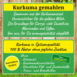 Ländlich idyllischer Bretterzaun mit zwei plakativen Textbereichen. Einmal werden die Eigenschaften und einmal die Qualität von Kurkuma gemahlen beschrieben. Der Text findet sich sinngemäß auch in der Produktbeschreibung wieder.