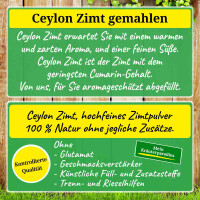 Ländlich idyllischer Bretterzaun mit zwei plakativen Textbereichen. Einmal werden die Eigenschaften und einmal die Qualität von Ceylon Zimt gemahlen beschrieben. Der Text findet sich sinngemäß auch in der Produktbeschreibung wieder.